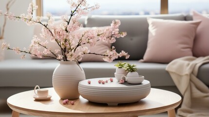 b'A beautiful living room with a vase of pink flowers on the coffee table'