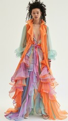 b'Black female model with curly hair wearing an orange ruffled dress'