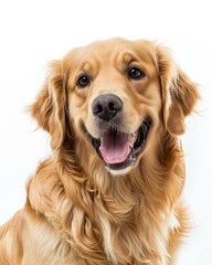b'A golden retriever dog with a happy expression on its face'