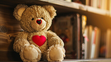 A cute plush toy teddy bear sitting on a shelf adorned with a bright red heart stitched onto its chest its soft fur and gentle smile evoking feelings of warmth and affection.