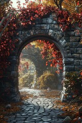 Stone archway in a forest with red leaves
