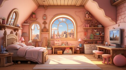 b'Cozy pink bedroom with a view of the city'