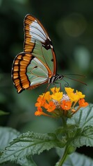b'A Clear Winged Butterfly Perched on Orange Flower'