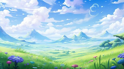 b'fantasy landscape with mountains and flowers'