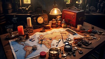 b"An adventurer's desk with a map, compass, and other tools"