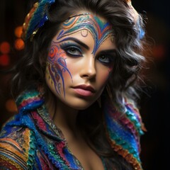b'A woman with colorful face paint and a feathered headdress'