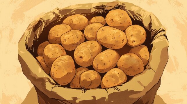 An illustration featuring a charmingly rustic burlap sack filled to the brim with earthy potatoes each spud boasting a rough dirt speckled skin