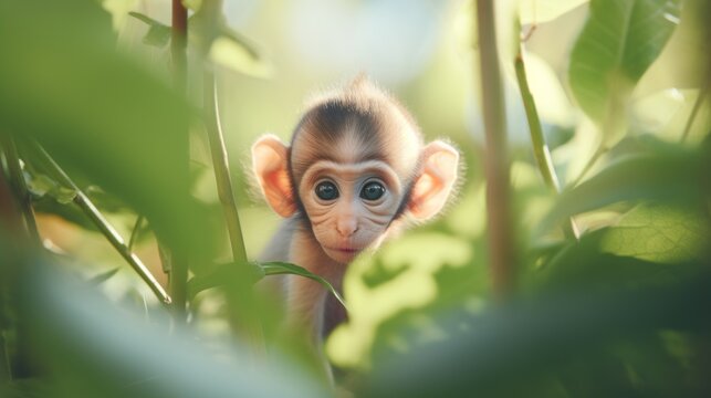 a baby monkey peeking through plants