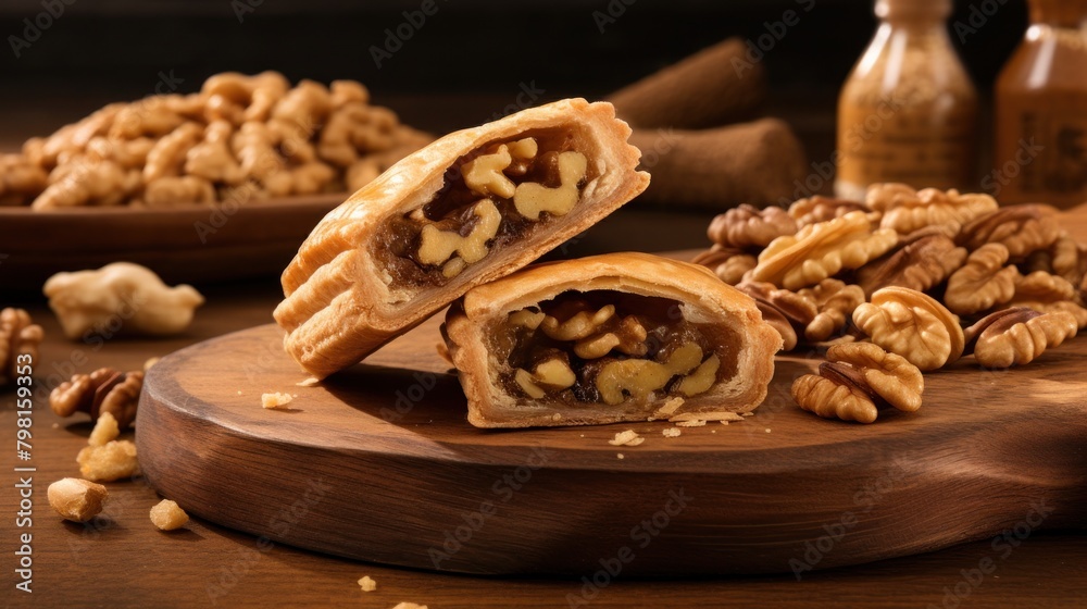 Canvas Prints a walnut pastry on a wood plate - Canvas Prints