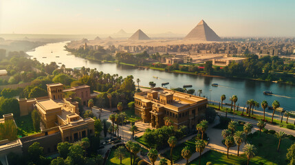 Drone view of ancient Egypt, River Nile and Pyramids are visible  - obrazy, fototapety, plakaty