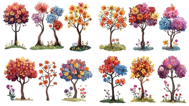 spring flower blossoming cartoon tree nursery style illustration isolated on white background collection set clip art, Generative Ai