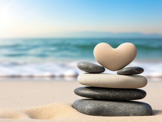 a heart shaped rock on top of a stack of rocks on a beach