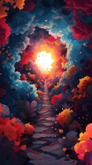 b'Surreal colorful vibrant trippy forest path illustration'