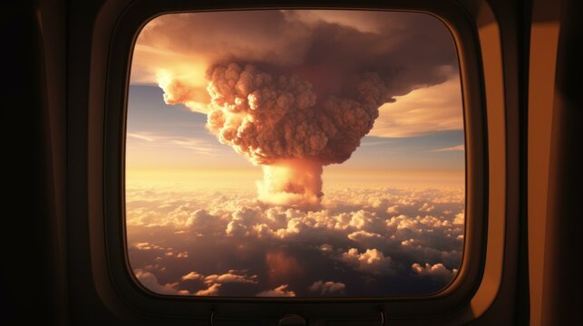 b'A mushroom cloud from a nuclear explosion seen from an airplane window'