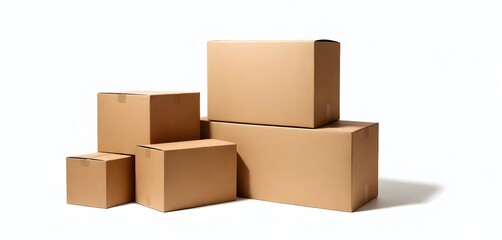 A group of cardboard boxes of various sizes on a plain background