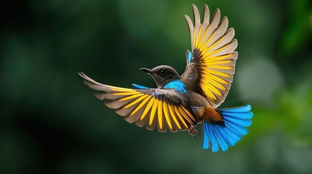 A tui bird is flying with its wings spread wide. The bird has dark feathers with green and blue iridescence. Its beak is yellow and its eyes are black. The bird is flying in a dark green forest.

