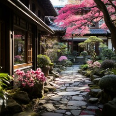 Obraz premium b'Japanese garden with pink azalea bushes and stone path'