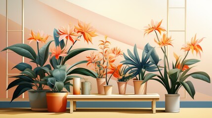 b'A variety of potted plants sit on a wooden bench against a peach-tone background.'