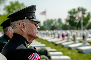 Obraz premium A man in a military uniform is sitting in a cemetery. pay tribute to fallen soldiers.