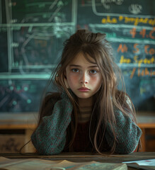 Sad Girl Solving Math Problems: Education Concept