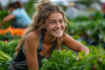 cute woman and friends growing vegetables in community garden, rooftop organic food production
