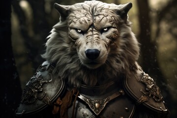 a wolf in armor with white eyes