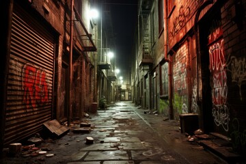 b'A dark and dirty alleyway with graffiti on the walls' - obrazy, fototapety, plakaty