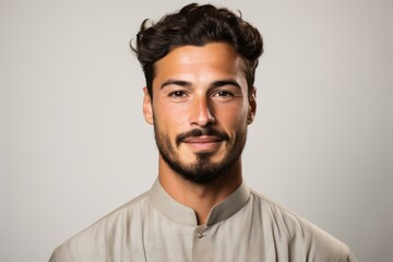 Obraz premium b'Portrait of a handsome young man with brown hair and brown eyes wearing a tan shirt'