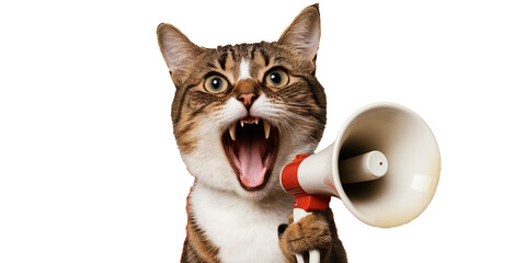 Art collage. A crazy cat with a megaphone. Promotion, action, ad, job questions, discussion. Vacancy. Business concept, communication, generative ai. information, news, boss, team media relations