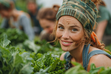 cute woman and friends growing vegetables in community garden, rooftop organic food production