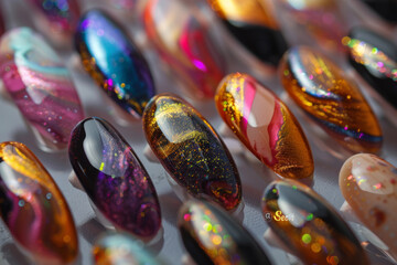 Various nails art examples on a stand