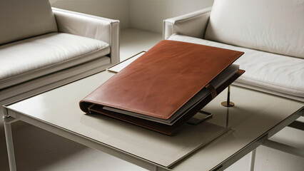 A stunning image of a pristine brown leather folder elegantly positioned on a pristine white desk in a minimalist room.