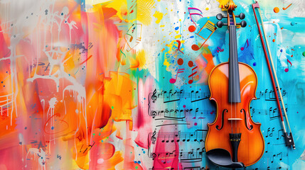 Vibrant backdrop adorned with musical notes and a violin