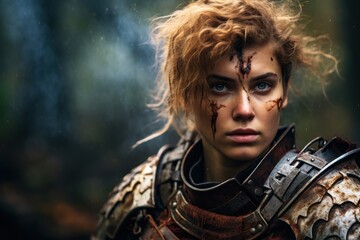 Obraz premium a woman in armor with blood on her face