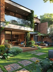 b'A modern house with a beautiful garden'