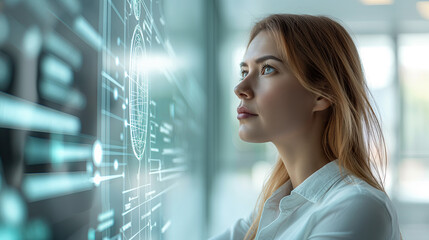 Focused Female Engineer Analyzing Futuristic Interface Technology