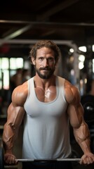 Fototapeta premium b'muscular man with long curly hair and beard posing in a white tank top and black shorts in a gym'