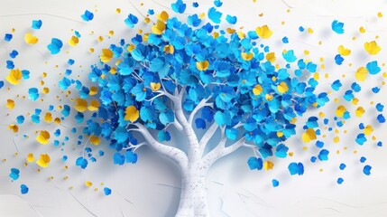 Fototapeta premium Abstract tree design with white trunk and blue and yellow leaves creates a striking silhouette against a colorful background.