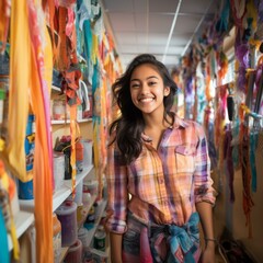 b'Portrait of a smiling young woman standing in a colorful room'