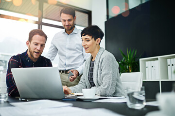 Business, people and happy at meeting with laptop in boardroom on teamwork, collaboration and...