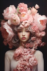 Artistic depiction, joyful floral headpiece, innocence on a vintage pink palette ,  high resolution - obrazy, fototapety, plakaty