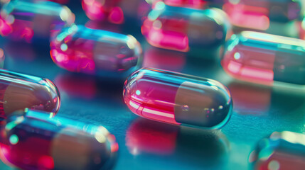 colorful medication capsules on blue surface highlighting pharmaceutical care and safety
