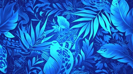An enchanting blend of neon blue patterns resembling crocodile and snake textures intertwining with safari and tribal motifs creating a mesmerizing jungle inspired design The uniqu