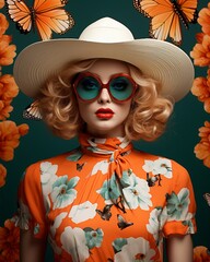 Floral paradise with fashion flair, sunhat, butterfly glasses, polka dot top ,  high resolution - obrazy, fototapety, plakaty