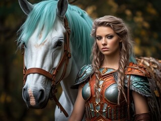 a woman in armor standing next to a horse - obrazy, fototapety, plakaty