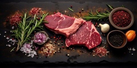 a piece of meat with spices and herbs on a black surface - obrazy, fototapety, plakaty