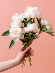 A person's hand holding a bouquet of white peonies with green leaves against a pink background.