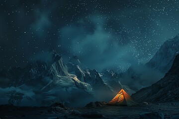 A lonely tent in the middle of a snowy mountain range. The sky is full of stars and the Milky Way is visible. - Powered by Adobe