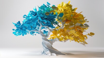 Fototapeta premium Abstract volumetric tree with a twisted white trunk with yellow and blue foliage on a white background