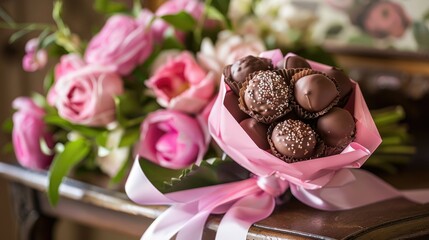 Indulge in the delightful sight of chocolate bouquets elegantly presented with pink gift wrapping and matching ribbon perfect for Valentine s Day weddings or any special occasion